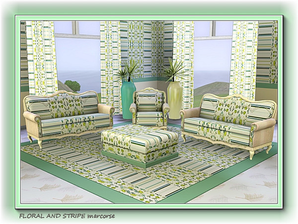 Sims 3 — Floral and Stripe pattern by marcorse — Yellow and green floral, vertical bands alternating with horizontal