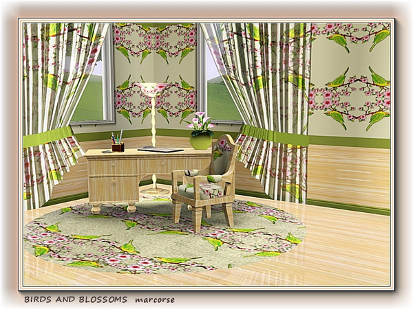 Sims 3 — Birds and Blossoms pattern by marcorse — Birds and Blossoms features a pair of small green finches and pink