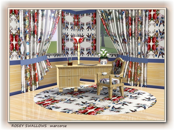 Sims 3 — Rosey Swallows pattern by marcorse — Blue house martins and red roses in a mirrored repeat pattern.