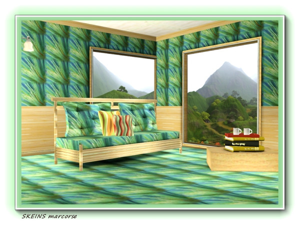 Sims 3 — Skeins pattern by marcorse — Tufted skeins of green and yellow yarn in a regular repeat pattern, with a blue