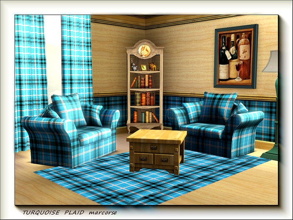 Sims 3 — Turquoise Plaid pattern by marcorse — Turquoise overchecked in a plaid pattern of black,red and white.