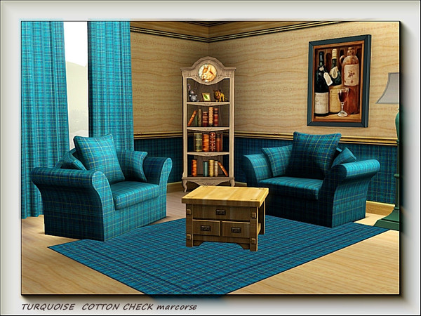 Sims 3 — Turquoise Cotton Check pattern by marcorse — A deepar toned, turquoise cotton check.