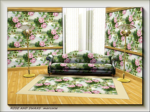 Sims 3 — Rose and Swans pattern by marcorse — Pale pink roses and a pair of white swans decorate this serene fabric