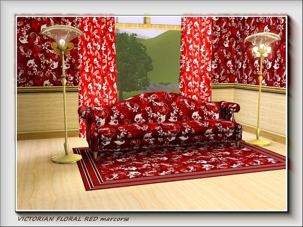 Sims 3 — Victorian Floral Red pattern by marcorse — Another dense allover floral overlay pattern in red and white.