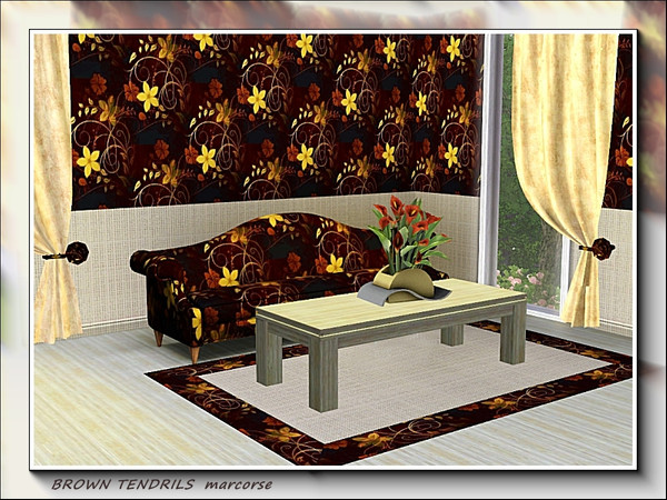 Sims 3 — Brown Tendrils pattern by marcorse — A complex, allover repeat pattern of flowers, leaves and tendrils on a