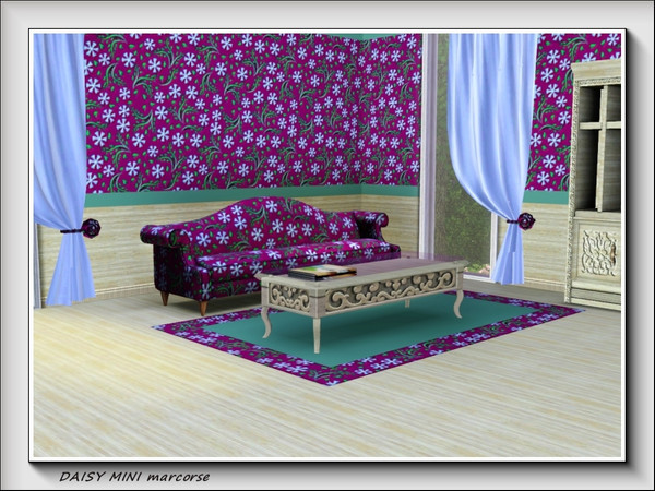Sims 3 — Daisy Mini pattern by marcorse — Tiny blue daisies and green leaves on a bright purple background.