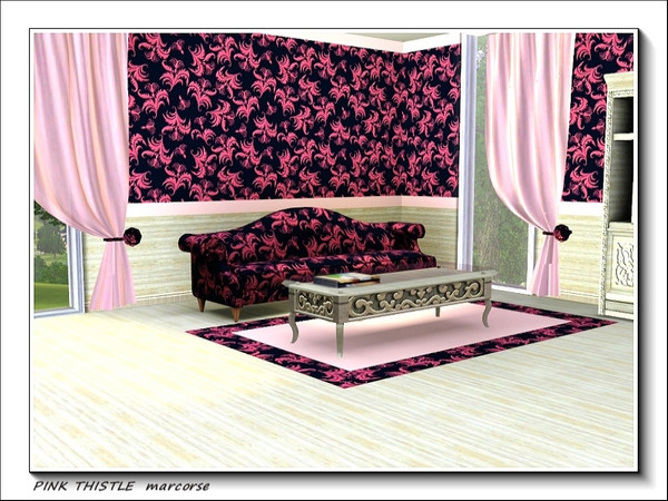 Sims 3 — Pink Thistle pattern by marcorse — Stylised thistle plants in pink on a navy blue background.
