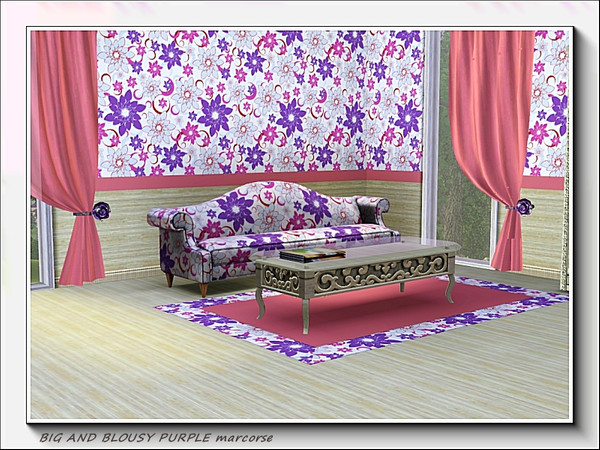 Sims 3 — Big and Blousy Purple pattern by marcorse — A big and bright floral pattern in purple, blue and red on white.