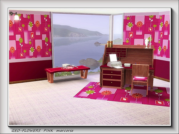Sims 3 — Geo-Flowers Pink pattern by marcorse — Flowers in shades of pink and green and oblong shapes in pink on a