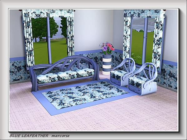 Sims 3 — Blue Leafeather pattern by marcorse — Dark blue leaves in feather form on a textured pale blue background.