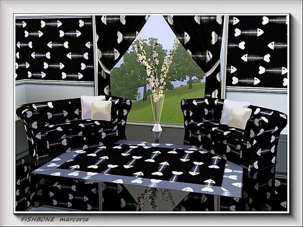 Sims 3 — Fishbone pattern by marcorse — A lighthearted black and white design featuring a 'defleshed' fish skeleton