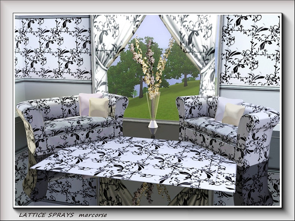 Sims 3 — Lattice Sprays pattern by marcorse — A open lattice and floral spray design in black on white.