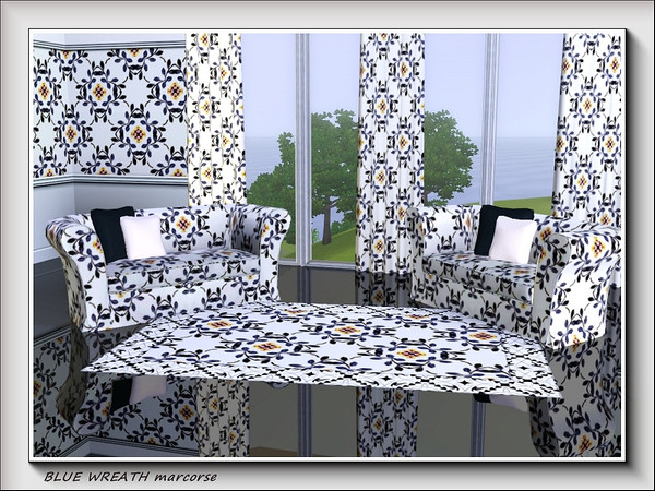 Sims 3 — Blue Wreath pattern by marcorse — Wreaths of dark blue leaves with a touch of yellow accent, on a recolourable
