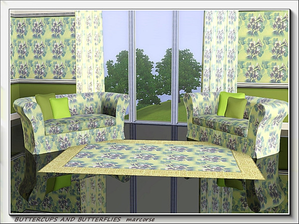 Sims 3 — Buttercups and Butterflies pattern by marcorse — Buttercup flowres and foliage, visited by aswallowtail