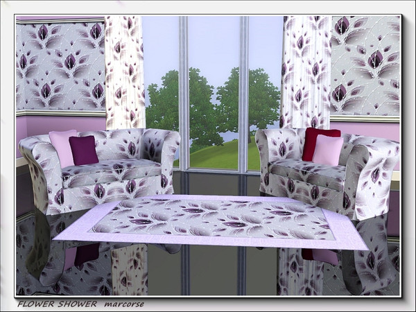 Sims 3 — Flower Shower pattern by marcorse — Stylised flower shapes with added, embellished style lines in deep grape