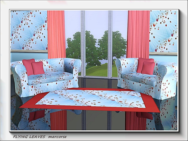 Sims 3 — Flying Leaves pattern by marcorse — Flying leaves in red and brown, scattered across a blue sky with sun rays.