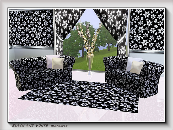 Sims 3 — Black and White pattern by marcorse — White flowers and seedpods in a regular repeat on black.