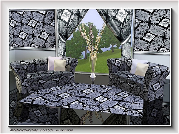 Sims 3 — Monochrome Lotus pattern by marcorse — A classic design of lotus flowers and acanthus leaves in black, grey and