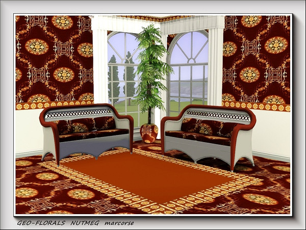 Sims 3 — Geo-florals Nutmeg pattern by marcorse — Floral medallions and stylised geometric shapes in nutmeg brown and