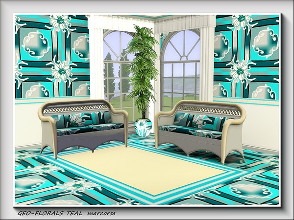 Sims 3 — Geo-florals Teal pattern by marcorse — This double cross geometric design features large flowers as the central