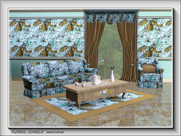 Sims 3 — Floral Jungle pattern by marcorse — A veritable jungle of pale aqua hibiscus flowers and brown leaves in this