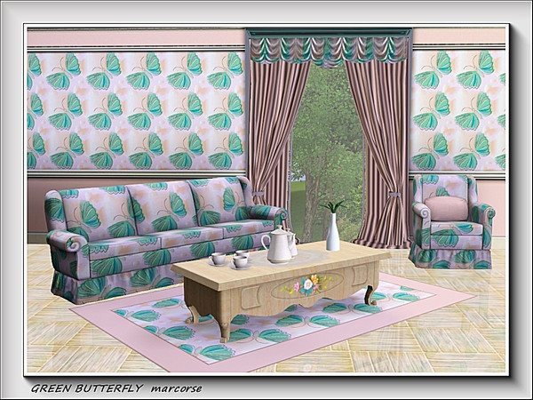 Sims 3 — Green Butterfly pattern by marcorse — Delicate green butterflies in a regular repeat on a pink textured