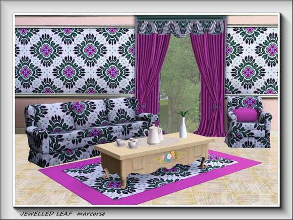 Sims 3 — Jewelled Leaves pattern by marcorse — A leaf motif with central jewel is the focus of this regular repeat
