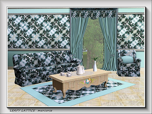 Sims 3 — Leafy Lattice pattern by marcorse — Clumps of green rose foliage against a green and white lattice