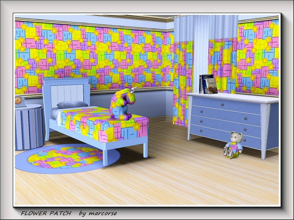 Sims 3 — Flower Patch pattern by marcorse — Irregular patchwork of pink,purple,blue,yellow and green decorated with daisy
