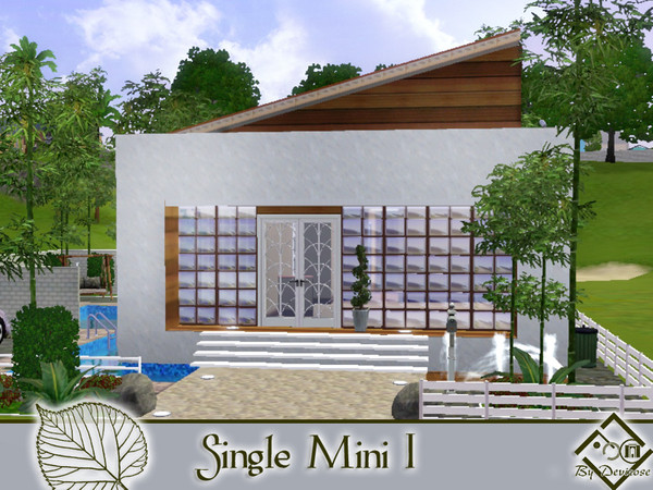 Sims 3 — Single Mini 1 by Devirose — The house is built on a square plan with wooden details and a swimming pool,