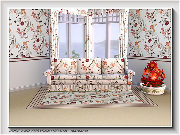 Sims 3 — Rose and Chrysanthemum pattern by marcorse — Rose and chrysanthemum flowers, leaves and curly flourishes combine