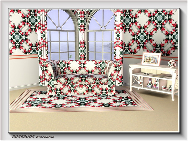 Sims 3 — Rosebuds pattern by marcorse — Red rosebud wreaths are the main feature of this optically challenging pattern.