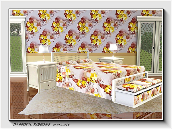Sims 3 — Daffodil Ribbons pattern by marcorse — Yellow daffodils and stylised ribbons in a diangonal repeat pattern