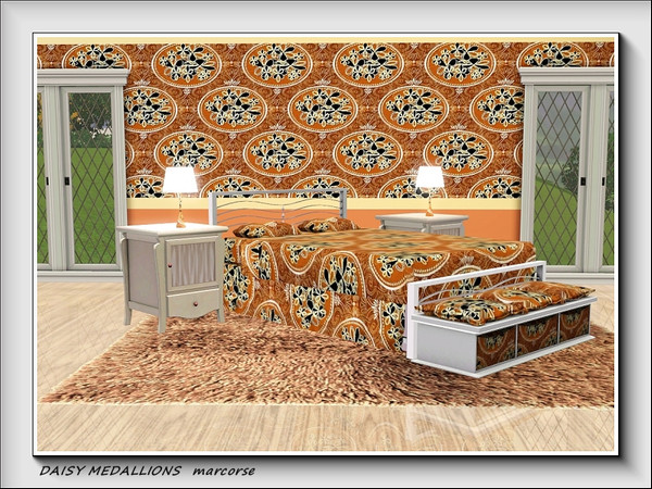 Sims 3 — Daisy Medallions pattern by marcorse — Crowned medallions containing daisy shapes are scattered on a textured