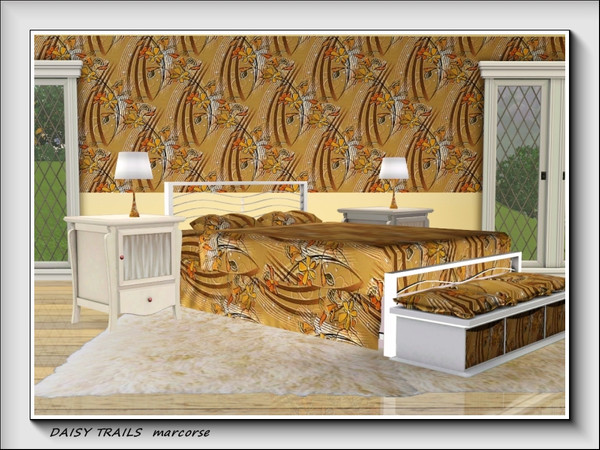 Sims 3 — Daisy Trails pattern by marcorse — A left-facing diagonal design of simple flowers and line flourishes.