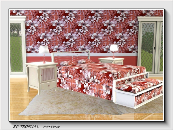 Sims 3 — So Tropical pattern by marcorse — Starbursts of white tropical flowers on a red/brown background.