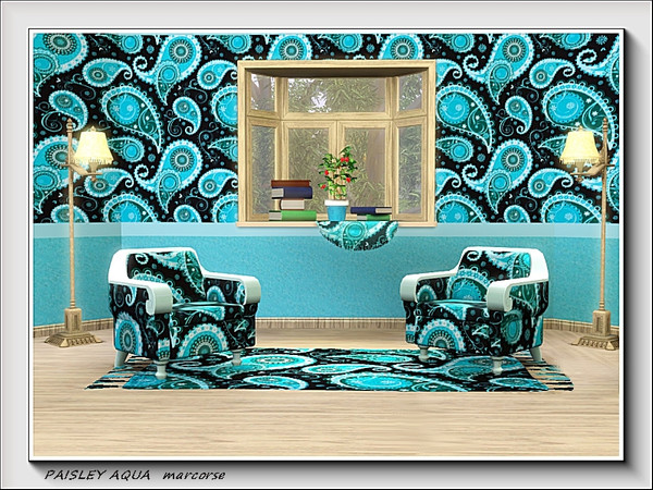 Sims 3 — Paisley Aqua pattern by marcorse — One of the more traditional paisley fabric designs in shades of aqua on a