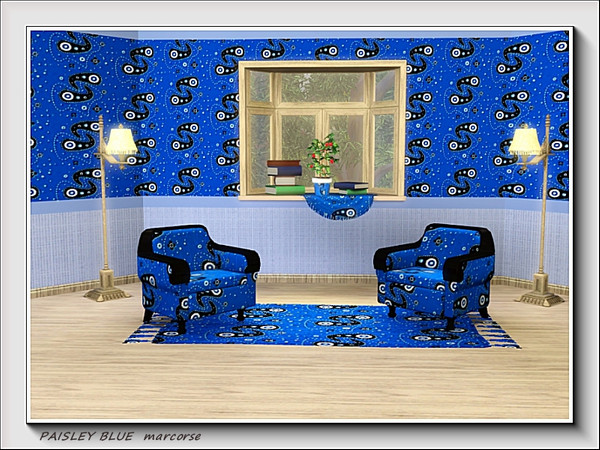 Sims 3 — Paisley Blue pattern by marcorse — A rather sparse type of modern paisley with black and white motifs on a