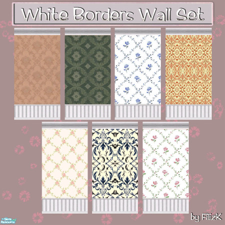Sims 2 — White Borders Wall Set by filizk — Modified Maxis wall with white borders in 7 different textures. 