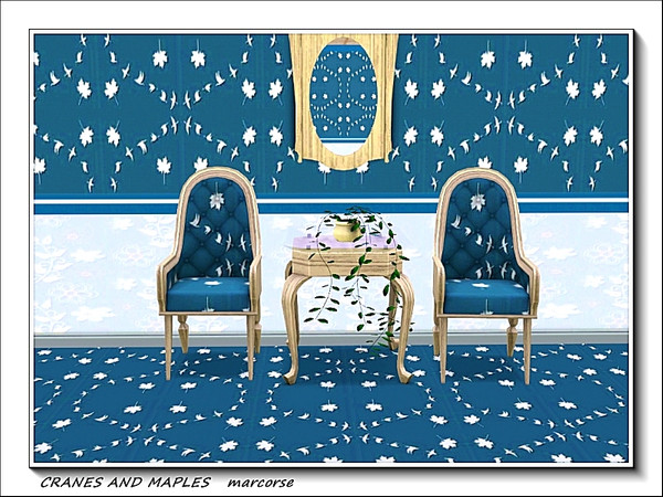 Sims 3 — Cranes and Maples pattern by marcorse — White cranes in flight and scattered maple leaves in a circular pattern,