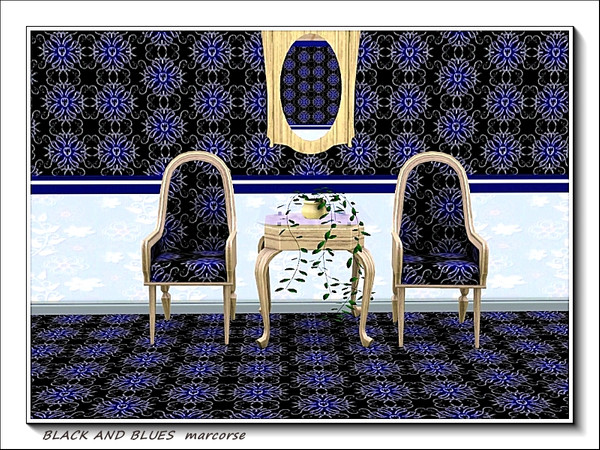 Sims 3 — Black and Blues pattern by marcorse — Floral motifs in shades of blue, linked with white flourishes to form an