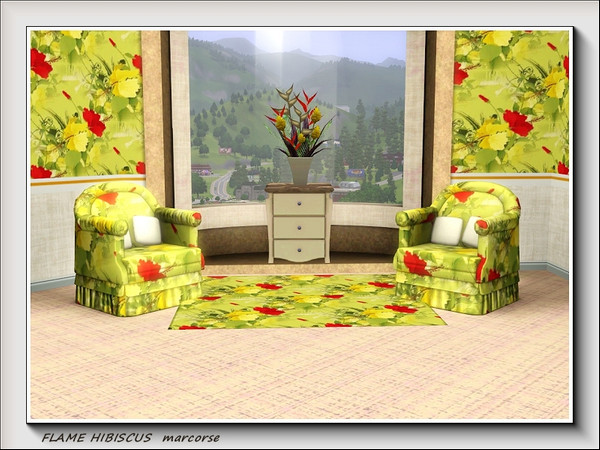 Sims 3 — Flame Hibiscus pattern by marcorse — Flame red and cooler yellow hibiscus flowers are scattered across this