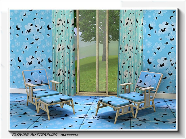 Sims 3 — Flower Butterflies pattern by marcorse — White flower shapes on a skyblue background, are joined by fluttering