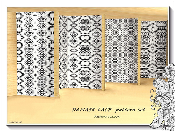 Sims 3 — Damask Lace pattern set by marcorse — Four black and white lace patterns, based on a damask design - found under