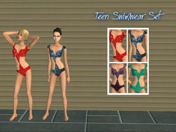 Sims 2 — Glittery Swimwear Set for Teens by Xodess — This set consists of four swimwear outfits for your Teens; red