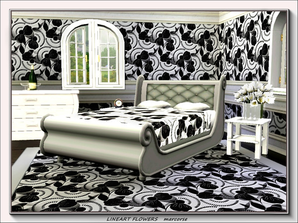 Sims 3 — Lineart Flowers pattern by marcorse — A crisp black and white design featuring flower and geometric shapes in a