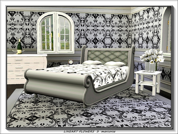 Sims 3 — Lineart Flowers 3 pattern by marcorse — A baroque design featuring stylised lilies and leaves in mono black and