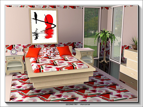 Sims 3 — Geometry pattern by marcorse — Triangles, circles and rectangle shapes, randomly repeated, in red and green on