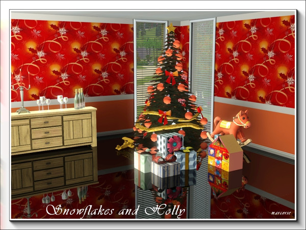 Sims 3 — Snowflakes and Holly pattern by marcorse — A bright Christmas pattern featuring snowflakes, holly and ribbon