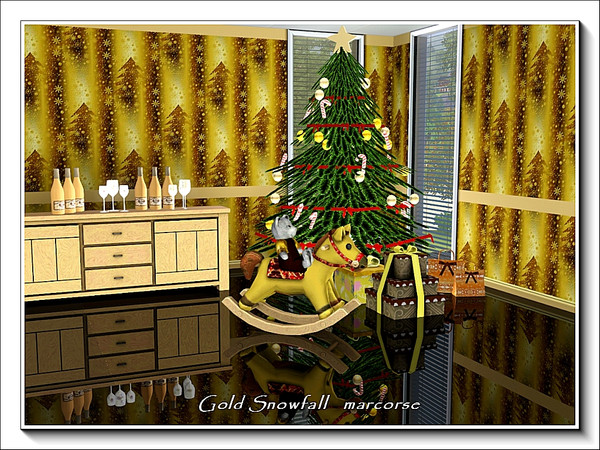 Sims 3 — Gold Snowfall pattern by marcorse — A gold toned Christmas design featuring fir trees and snowflakes in a